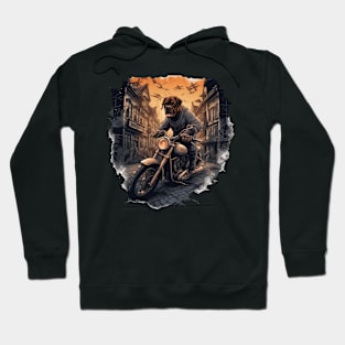 A dark t-shirt design featuring a Rottweiler Dog on a motorcycle Hoodie